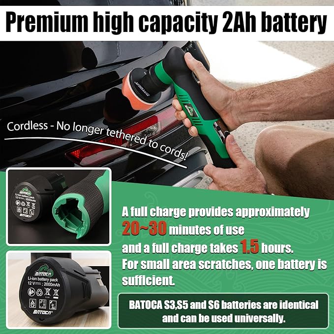 BATOCA S5 Cordless Mini Car Polisher Buffer Machine Dual Action & Rotary Mini Polishing Machine 1x 12V 2A Battery with 1inch 3inch Polishing Pads Kit for Car Motorcycle Deatiling Polish Buffing Clean