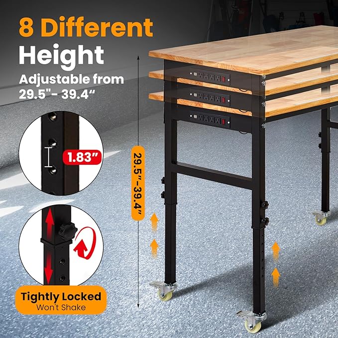 48" Adjustable Workbench with Power Outlet, 8-Levels Height Adjustable Work Table, Rubber Wood Heavy Duty Workbenches with Wheels & Pegboard for Garage Office Workshop Home Commercial