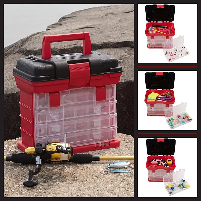 Portable Tool Box - Small Parts Organizer with Drawers and Customizable Compartments for Hardware, Fishing Tackle, Beads, or Crafts by Stalwart (Red)