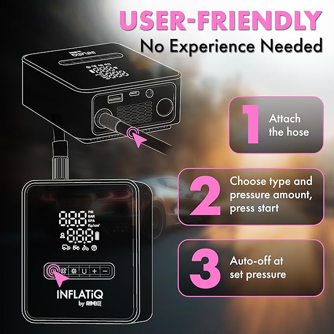 INFLATiQ by RIMiQ Tire Inflator Pink - Powerful, Award-Winning QWIKFLOW Technology with 2 Portable Power Options Included - Strong Vehicle Air Pump for Trucks, Cars, Motorcycles, Bicycles, Balls
