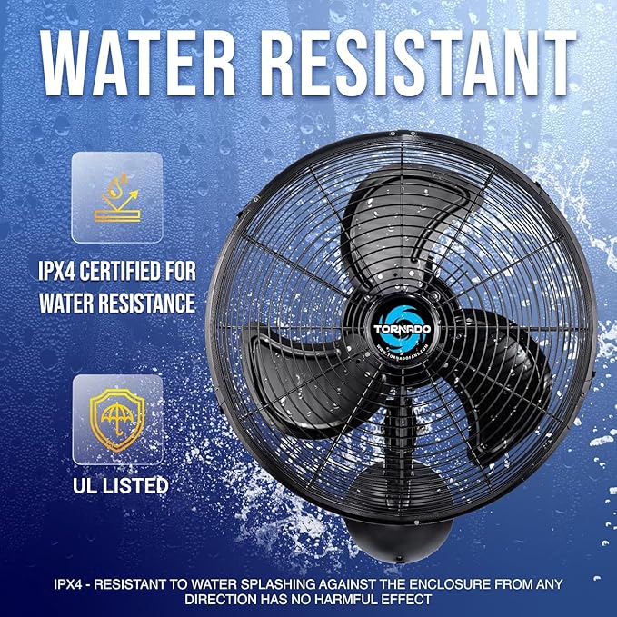 Tornado 16 Inch Pro Series Waterproof Outdoor Oscillating Wall Mount Fan - High Velocity Heavy Duty Metal Wall Mount Fan for Industrial, Commercial, Residential, and Greenhouse Use - UL Safety Listed