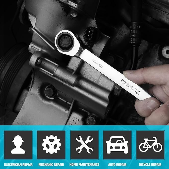 DURATECH 15mm Ratcheting Combination Wrench, Metric, 72-Tooth, 14-Point, CR-V Constructed with Mirror Polish