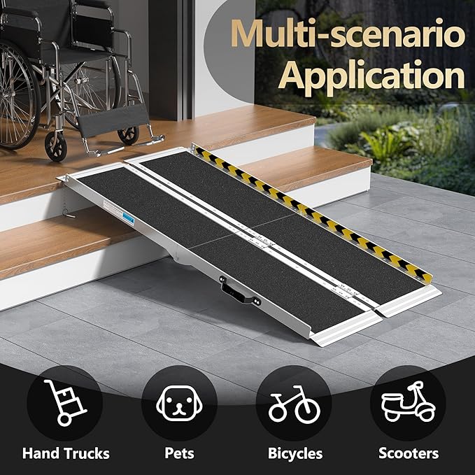 5FT Portable Wheelchair Ramp, Non-Slip Aluminum Folding Handicap Ramp, Ramps for Wheelchairs for Home with Handle, Wheelchair Ramps for Home Steps/Stairs/Threshold/Doorways/Scooter, 600LBS Capacity