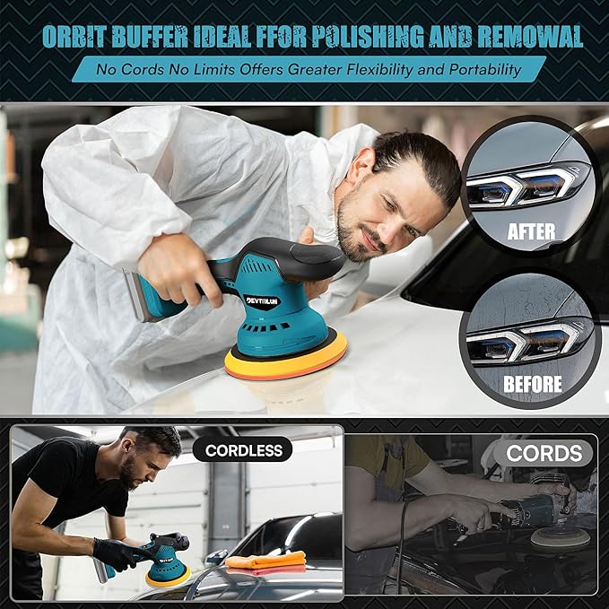 Cordless Car Buffer Polisher Kit for Makita 18V Battery(NO Battery),6 In Brushless Dual Action Random Polishing Machine , 8 Variable Speed 5500RPM, Orbital Polisher for Car Detailing,14Pcs Accessories