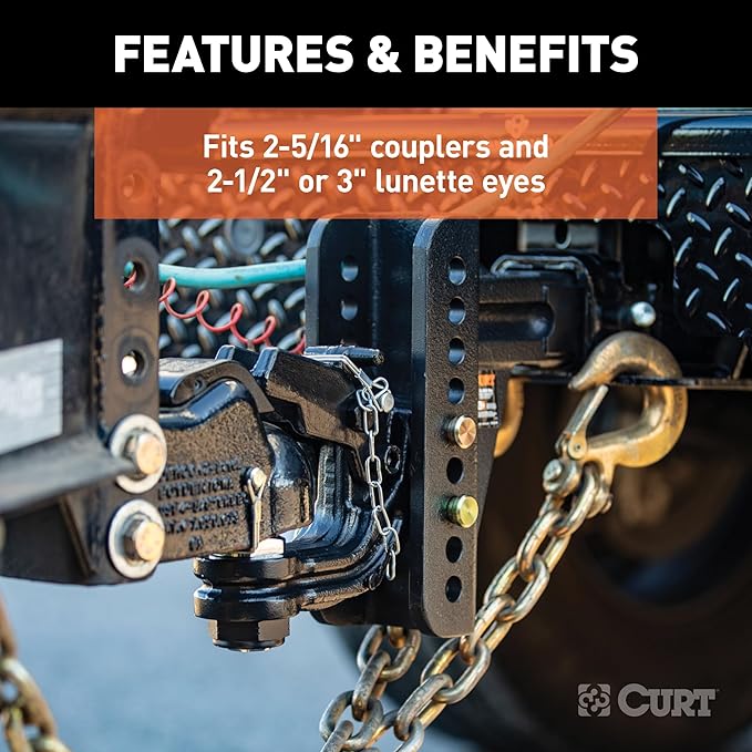 CURT 45908 Adjustable Pintle Hitch Combination, 2-1/2-Inch Receiver, 6-Inch Drop, 2-5/16-Inch Ball, 20,000 lbs