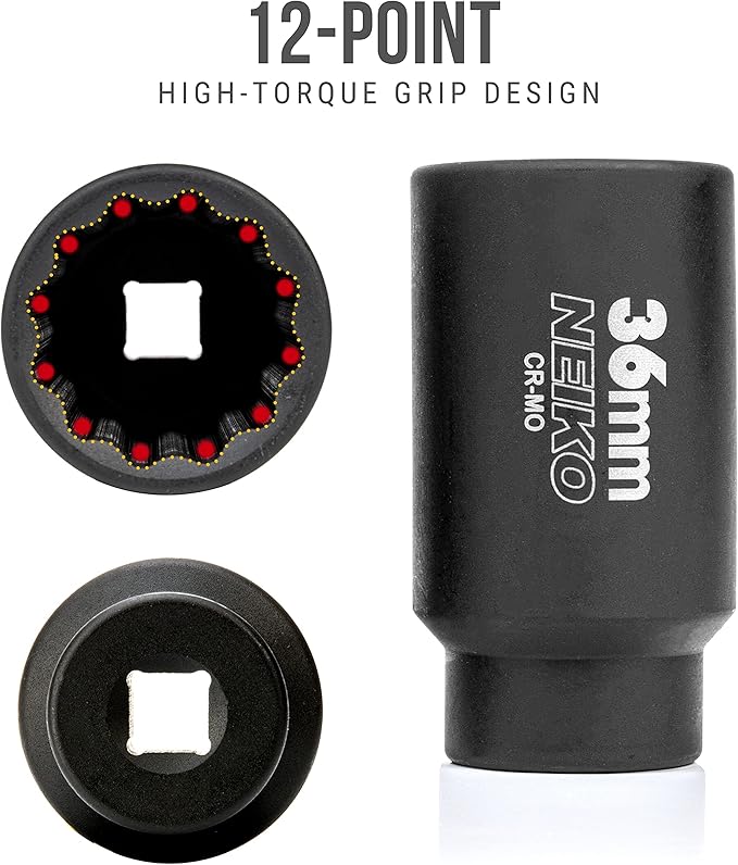 NEIKO 02527A 36mm Socket | 1/2” Drive Deep Impact Socket | Spindle & Axle Nut Socket | 12 Point |Chrome Molybdenum Cr-Mo |Deep Well Hub | Triple Square | Axle Shaft Nut Remover