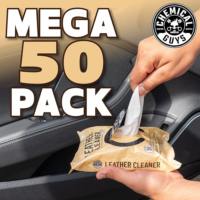 Chemical Guys PMWSPI20850 Leather Cleaner Wipes Mega 100 Pack for Car Interiors, Furniture, Boots, and More, Works on Natural, Synthetic, Pleather, Faux Leather and More, (50 Ct)