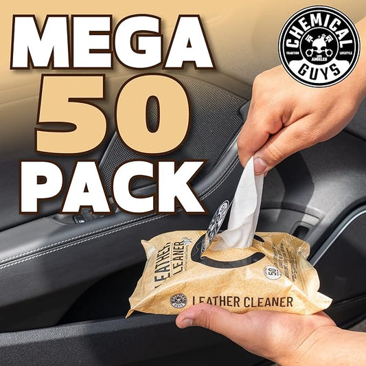 Chemical Guys PMWSPI20850 Leather Cleaner Wipes Mega 100 Pack for Car Interiors, Furniture, Boots, and More, Works on Natural, Synthetic, Pleather, Faux Leather and More, (50 Ct)