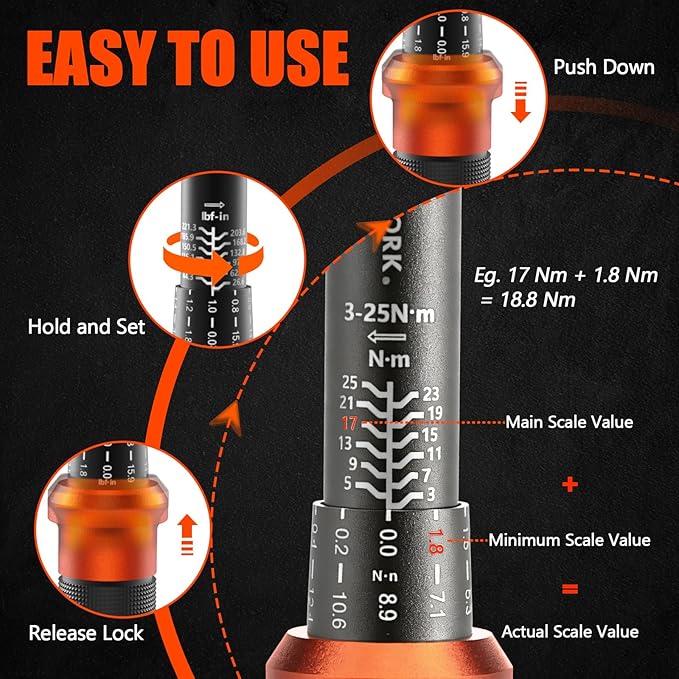 1/4-Inch Drive Click Torque Wrench, 3-25 Nm/26.6-221.3 in.lb, Bike Torque Wrench Inch Pounds with 72-Tooth Dual-Direction, Small Bike Tool for Bicycle, MTB Maintenance, ±3% High Precision
