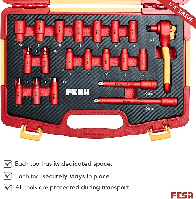 FESA Electrician Insulated Socket Set - 1000V 20-Piece Professional Insulated Ratchet & Socket Wrench Set (1/4" Drive) w/ 2 Extensions & 5 Hex Bits - 1000 Volt Tools for Electricians