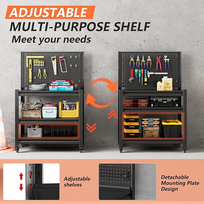 Set of 2 Heavy Duty Workbench with Pegboard, 3000LBS Capacity Adjustable Shelving Work Table, Mobile Workstation with Lockable Wheels for Garage Warehouse Workshop Office