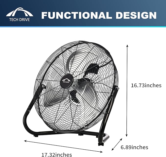 Tech Drive High Velocity Floor Fan,14 inch Heavy Duty Metal Industrial Fans,3 Powerful Speed,360° Adjustable Tilting and All Metal Construction,Black