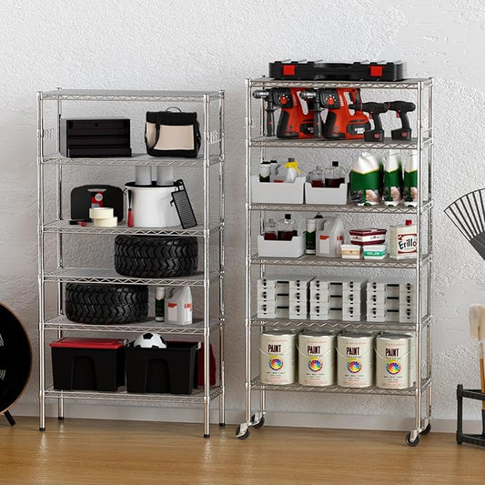 YNN Storage Shelves,6000Lbs 6 Tier Heavy Duty Metal Rolling Shelving Unit with Wheels & 8 Hooks, Adjustable Garage Wire Rack for Kitchen, Bathroom,Industrial,Pantry(36" W x 14" D x 72" H, Chrome)