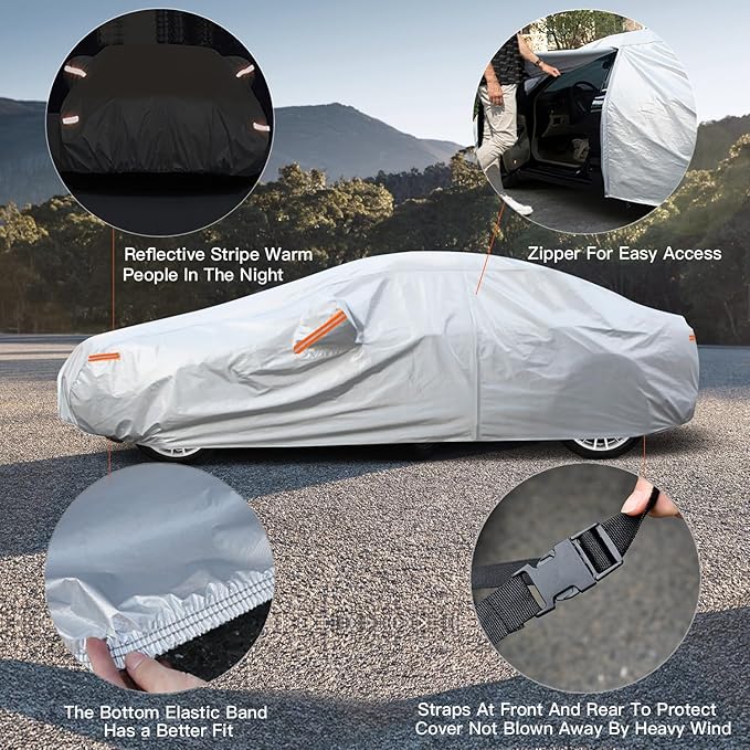 Kayme 6 Layers Car Cover Waterproof All Weather for Automobiles, Outdoor Full Cover Rain Sun UV Protection with Zipper Cotton, Universal Fit for Sedan (194-208 inch)