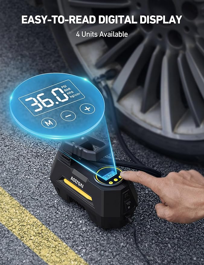 AstroAI Tire Inflator Portable Air Compressor Air Pump for Car Tires-Car Accessories, 9.8Ft Cord-12V DC-Powered Auto Pump with Digital Pressure Gauge, Emergency LED Light for Bicycle, Balloons, Yellow
