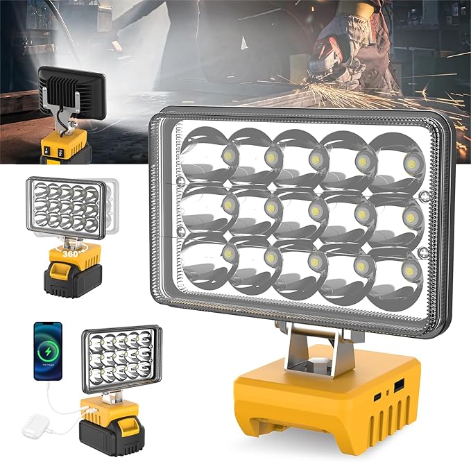 Cordless Work Light Compatible with Dewalt 18V 20V Battery, 7000LM 360° Rotatable Underhood Work Light, Portable Work Light with USB & Type-C Charging for Jobsite, Car Repairing, Emergency, Garage