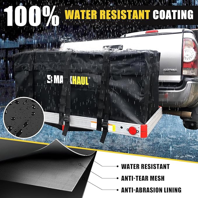 MaxxHaul 70209 Soft Shell Cargo Carrier Bag for Hitch Mount Cargo Rack - Heavy Duty and Water Resistant 47 inch 20 inch x 20 inch Black with Tie Down Straps
