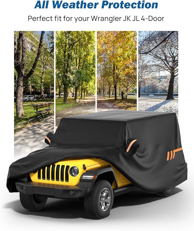 JOYTUTUS Car Cover Compatible with 4 Doors Wrangler JK JL TJ YJ CJ7, Water-Resistant All Weather Cover 1976-2026 Wrangler Unlimited, Windproof Dustproof Scratch Resistant Auto Cover