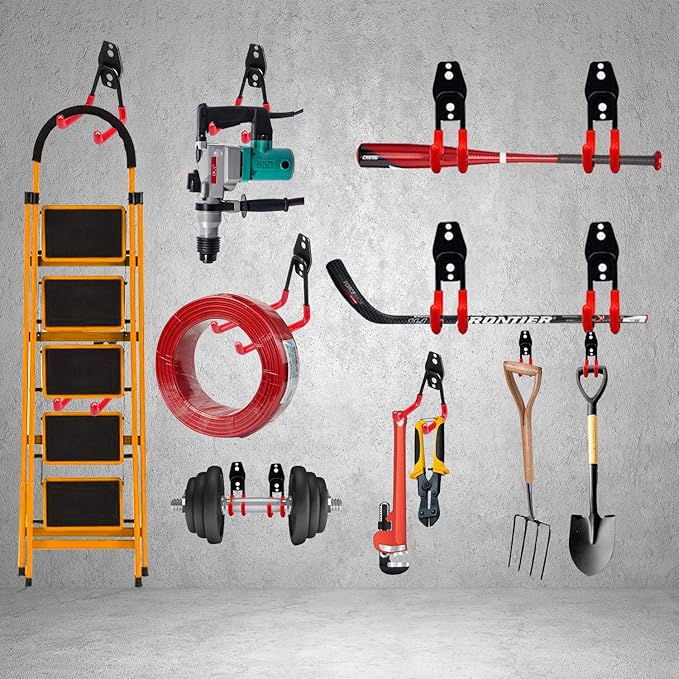 3-H Garage Wall Hooks 10 Pack,Garage Hooks Heavy Duty,Garage Storage Hooks for Hanging and Organizing Garden,Lawn,Yard Tools,Chairs,Ladders,Weed Eater,Shovel,Blower(Red)