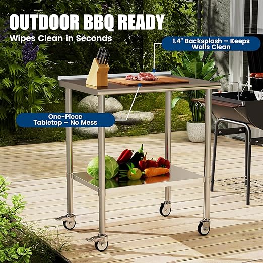 Stainless Steel Work Table with Wheels, 24x36 Inch NSF Food Prep Table with Backsplash & Adjustable Undershelves for Commercial Kitchen, Restaurant, Garage