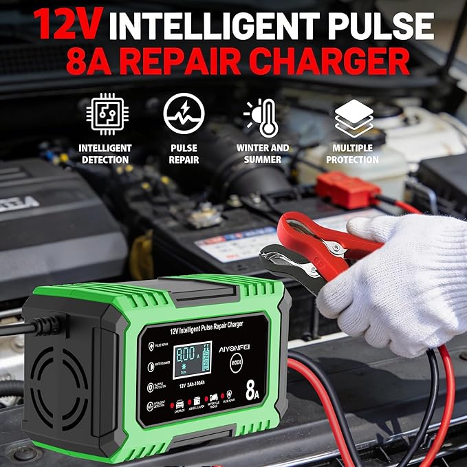 12V 8A Battery Charger, Smart Trickle Charger & Battery Maintainer, Desulfator, Temperature Compensation for LiFePO4, Lead Acid, AGM, Gel, EFB, VRLA, Car, Truck, Motorcycle, Boat (Green)