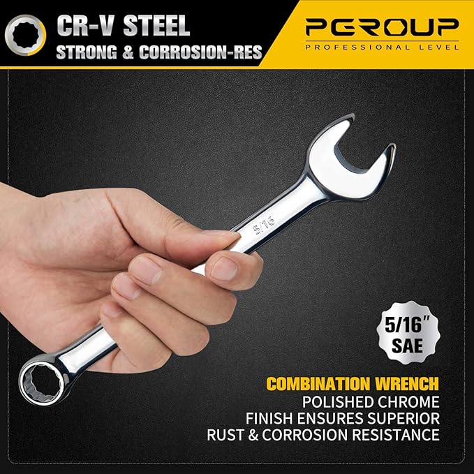 5/16" SAE Combination Wrench, CR-V Steel with Mirror Polish, 12-Point Design, 15-Degree Offset, Perfect for Auto Repair, Household, Car & Truck Emergency
