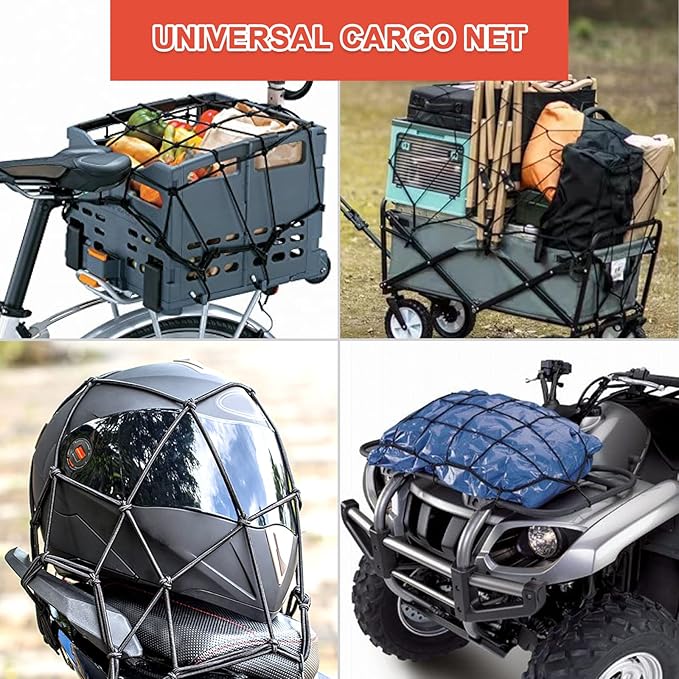 Cargo Net Motorcycle Fuel Tank Net Natural Latex Core, 15"x 15" Extends to 30"x 30" with 2"x 2" Mesh for Motorcycle Helmets, Bikes, ATVs, UTVs, Luggage (Black, 2 Pack)