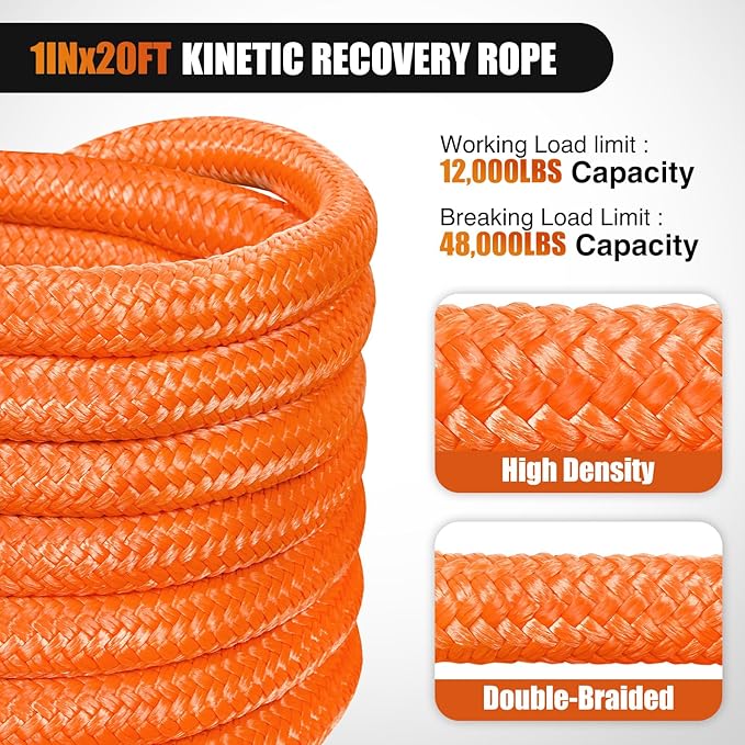 Nilight Kinetic Recovery Tow Rope Kit with 2 Soft Shackle 1" x 20ft Heavy Duty Offroad Tow Rope Snatch Strap Towing Strap kit 48,000LBS for UTV ATV SUV Truck Car Jeep Tractor