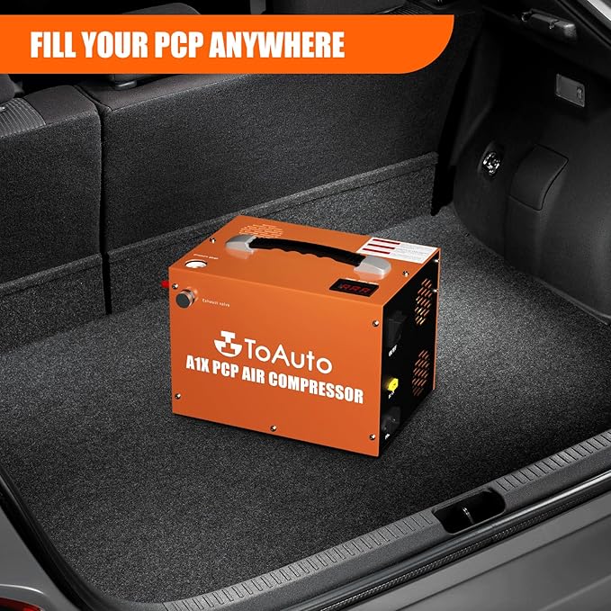 TOAUTO A1X PCP Air Compressor,4500Psi 30Mpa, Water/Oil-Free, One Button Start, Bursting disc, Powered by Car 12V DC or Home 110V AC (A1X)