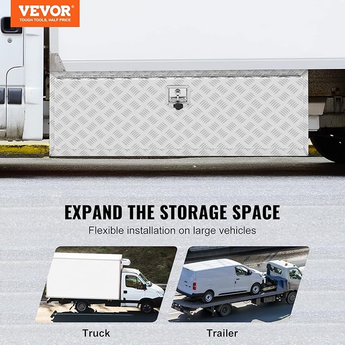 VEVOR Underbody Truck Box, 48"×24"×24" Pickup Storage Box, Heavy Duty Aluminum Diamond Plate Tool Box with Lock and Keys, Waterproof Trailer Storage Box with T-Handle Latch for Truck, Van, Trailer
