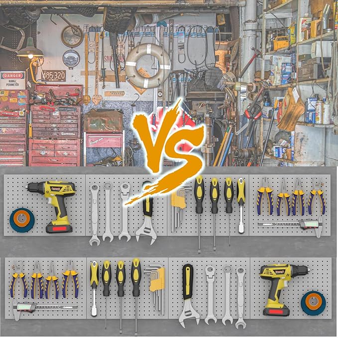 Peg Board,4 Pack Metal Pegboard Panels with 8 hooks,PegBoard Wall Organizer,16"x12" Steel PegBoard for Walls,Tools,Garage,Office,Kitchen