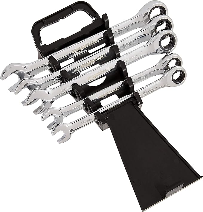Amazon Basics 5-Piece Metric Ratcheting Wrench Set, 10mm, 11mm, 13mm, 14mm, 15mm, Black/Silver
