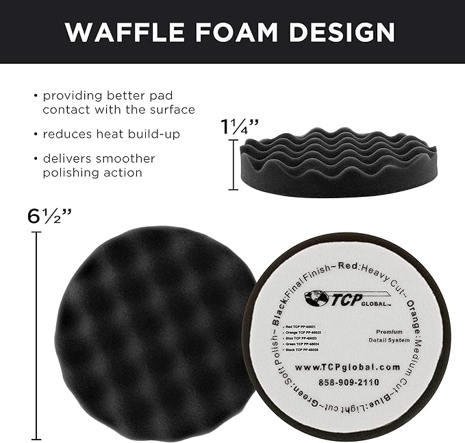 TCP Global 6.5" Black Waffle Foam Buffing Pad Hook and Loop Backing - Final Finishing Pad for Polishing, Automotive, Marine, Truck, RV & Compound Cutting, Car Polishing Pads