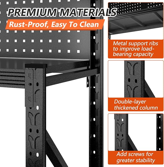 Widened Heavy Duty Workbench with Pegboard, 3000LBS Capacity Work Table with Reinforce Stable Side Beams, Metal Workstation for Garage Warehouse Workshop Office, 47.2" H x 47.2" W x 18.9" D, Black