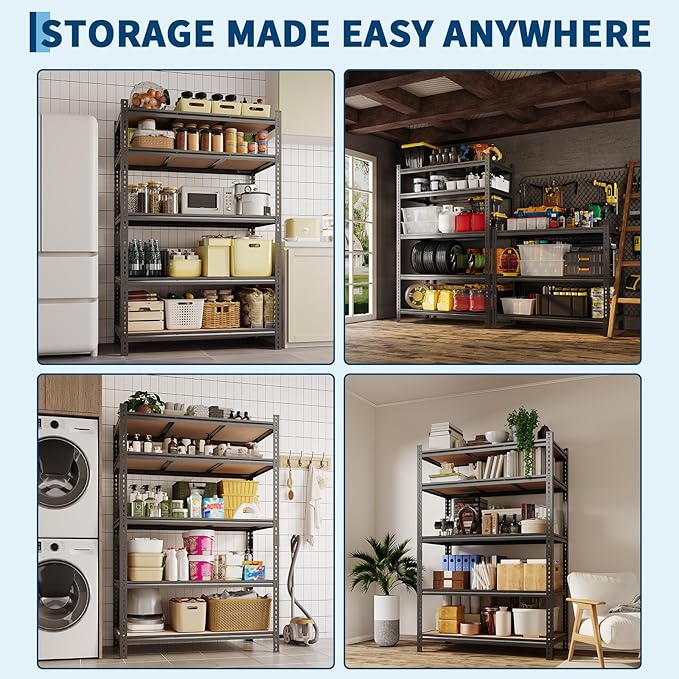 5-Tier Heavy Duty Adjustable Metal Storage Unit, 72" h x 35.5" w x 12" d, for Garage, Basement, Warehouse, Pantry, Closet, Kitchen, Black