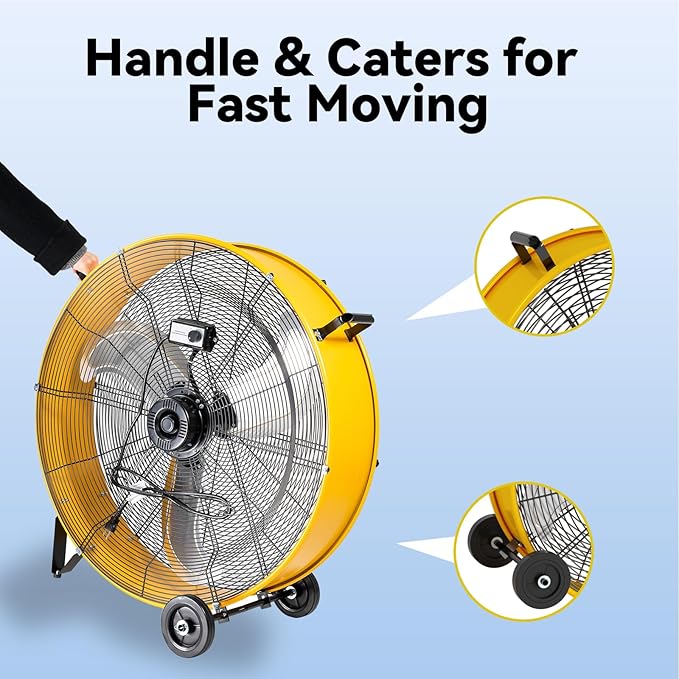 30 Inch Industrial Drum Fan 14000 CFM Ultra High Velocity Floor Fan for Large Warehouse, Shop & Gym - 3-Speed Heavy Duty Metal Cooling Fan with 360° Tilt, Rolling Wheels & UL Safety Listed