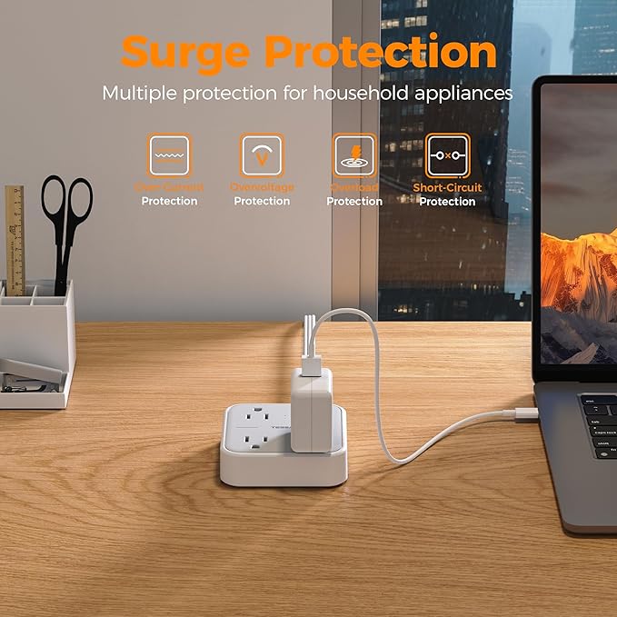 TESSAN Ultra Thin Flat Extension Cord 3 FT, Slim Power Strip with USB Ports (1 USB C), Surge Protector Flat Plug Wall Charger with 3 Outlets for Office, School, Dorm Room Essentials, Grey