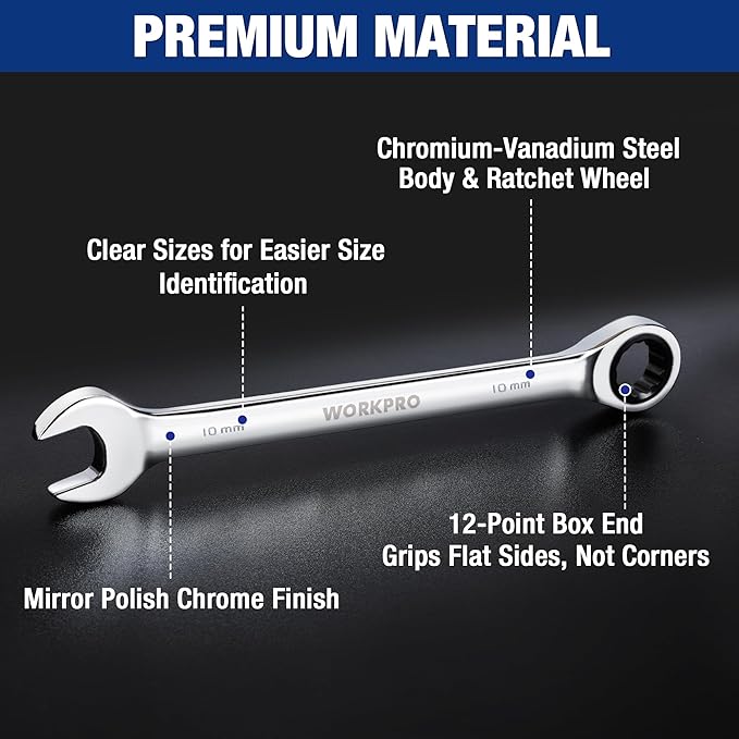 WORKPRO Ratcheting Wrench Set, Metric, 5-piece Ratcheting Combination Wrench Set, 10mm, 11mm, 13mm, 14mm, 15mm, 12-Point, CR-V Steel, with Organizer Rack