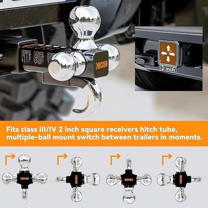 ORCISH Trailer Hitch Tri-Ball Mount with Tow Hook & Pin, Chrome Trailer Ball Sizes 1-7/8", 2" & 2-5/16", Fit 2 Inch Hitch Receiver, 10,000 LBS Max Towing Capacity for RVs, SUVs, ATVs & Trucks