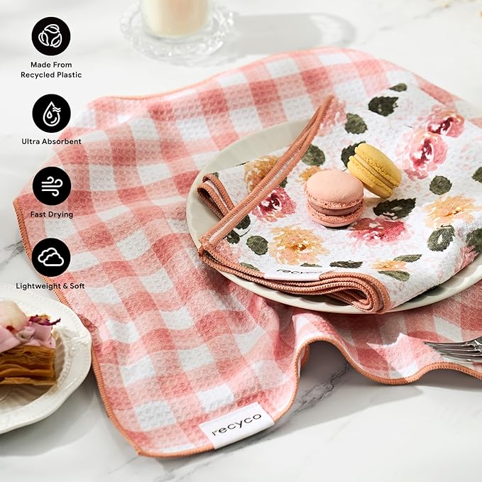 RECYCO Waffle Kitchen Towel Set of 2 - Quick Dry Microfiber Sustainable Dish Towels - Absorbent Reusable Cleaning Tea Towels - Lightweight Hand Towels,16”x 28”, Rose Plaid