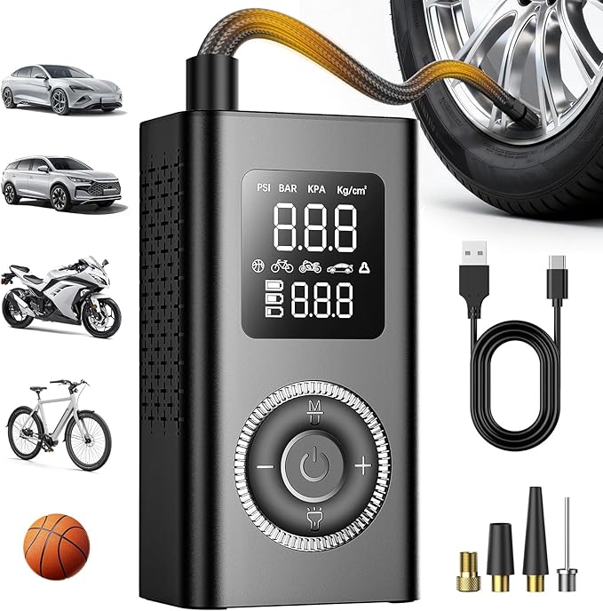 Tire Inflator Portable Air Compressor with Type-C Charging, Digital Pressure Gauge, LED Light, Smart Air Pump for Car, Motorcycle, Bike, Ball