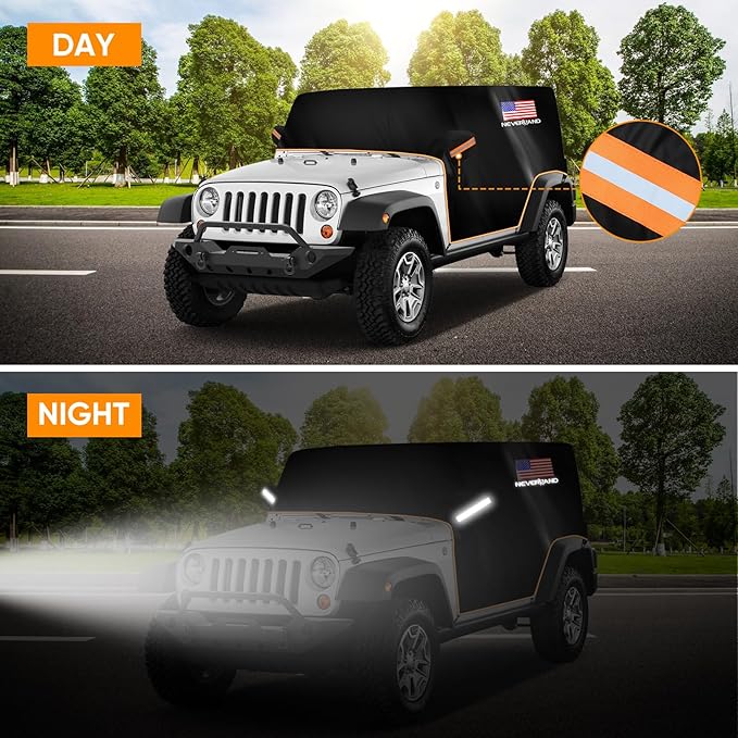 Wrangler Cab Cover for 2007-2025 Jeep Wrangler JK JKU JL JLU 4 Door,NEVERLAND Half Car Cover Waterproof Oxford with Reflective Strip,Sun Snowproof Cab Car Cover Black