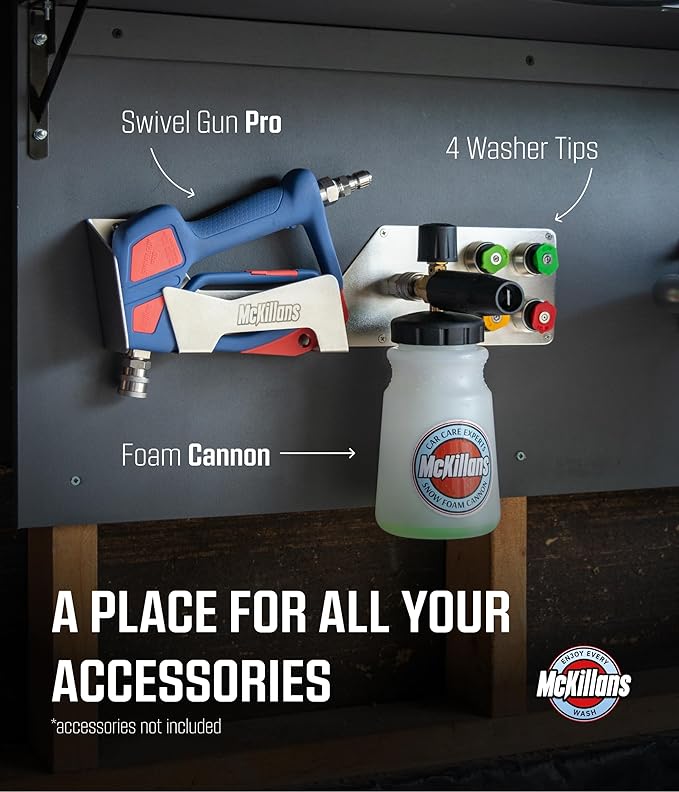 McKillans® Stainless Wall Organizer PRO - Pressure Washer Gun & Foam Cannon Holder - Foam Cannon Wall Mount Quick Connect - Tip & Nozzle Holder - Wall Mounted Garage Organizer