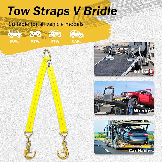 Tow Straps V Bridle, 3" x 36" Recovery V-Strap with 8" J Hooks and T-J Hooks, 5400LBS J Hook and Mini Datsun Recovery Bridle, Recovery Tow Car Strap Hook for Wrecker, Rollback, Car Haul
