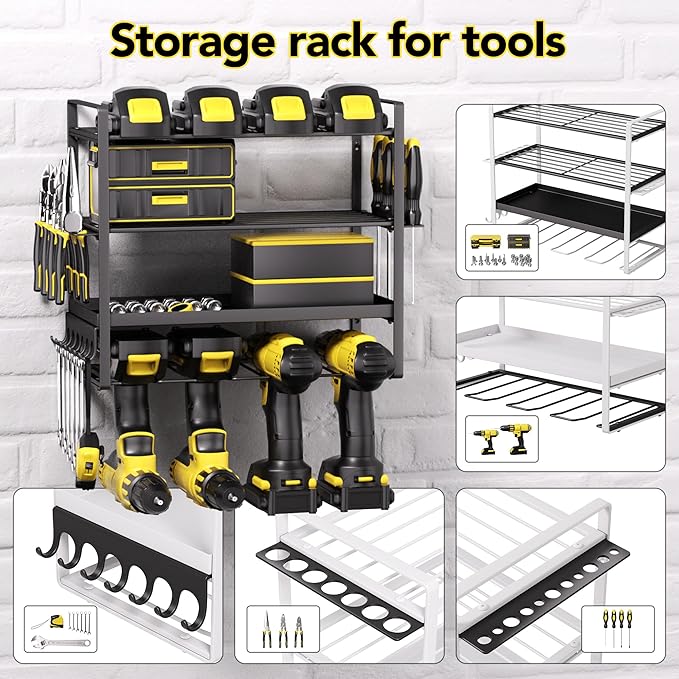 Power Tool Organizer, Metal 4 Layer Heavy Duty Drill Holder, 4Tier Wall Mount Garage Tool Organizers and Storage with Screwdriver/Pliers/Hook Holder,Red Utility Racks gifts for men