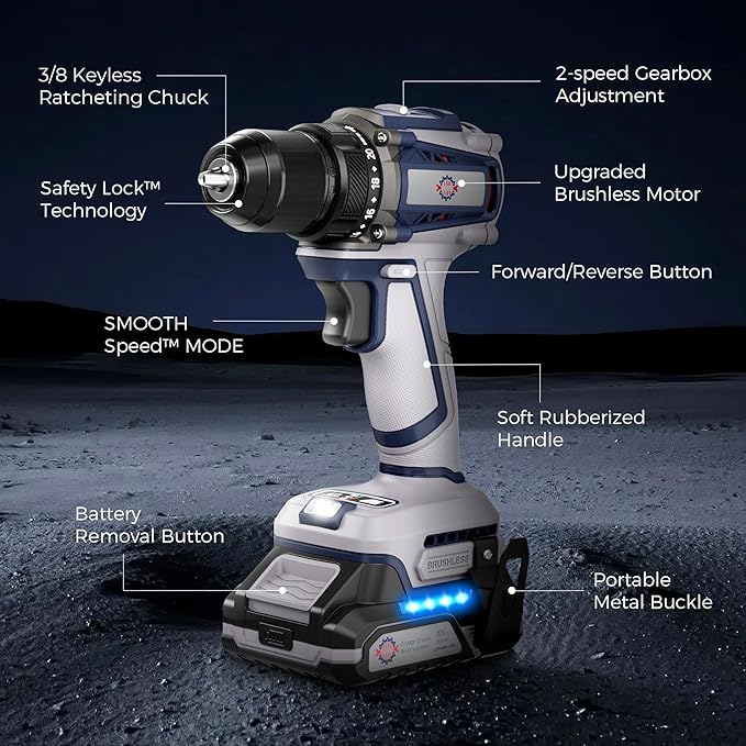 20V Cordless Drill, Power tool, 620 in-lbs Torque, 3/8" Metal Keyless Chuck with Safety Lock, 20+1 Position Electric Drill Driver with LED, Brushless Power Drill with 2.0Ah Battery and Charger