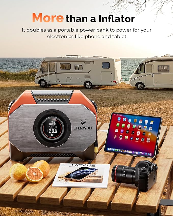 ETENWOLF Vortex S6 Tire Inflator Portable Air Compressor for Heavy-Duty Vehicles, Cordless Air Pump for Car & Inflatables with 19200 mAh Battery, 100% Duty Cycle & Dual Cylinder Bike Pump, Dark Cyan