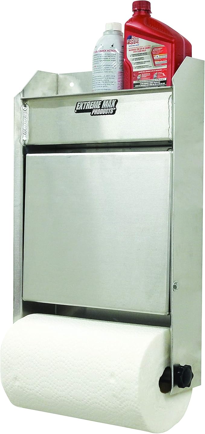 Extreme Max 5001.6053 Junior Aluminum Work Station Storage Cabinet Flip-Out Work Tray with Paper Towel Rack Organizer for Enclosed Race Trailer Shop Garage Storage,Silver
