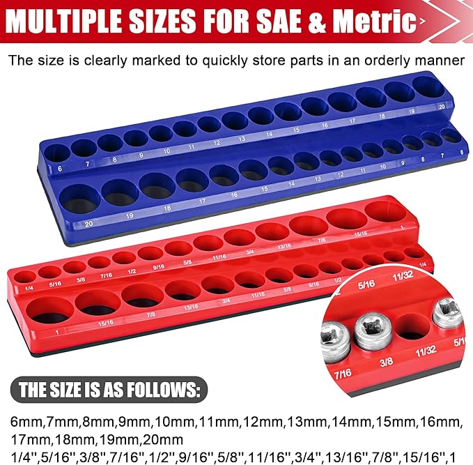 Magnetic Socket Organizer 2-Piece Magnetic Socket Holder 3/8 Inch Drive Metric SAE Trays Tool Storage Set Magnet Rail Holds 56 Sockets for Tool Box Drawer