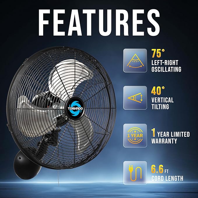 Tornado 16 Inch Professional High-Velocity Oscillating Wall-Mounted Fan – Ideal for Industrial, Commercial, and Residential Spaces – 3-Speed Settings, 2850 CFM, UL Safety Certified